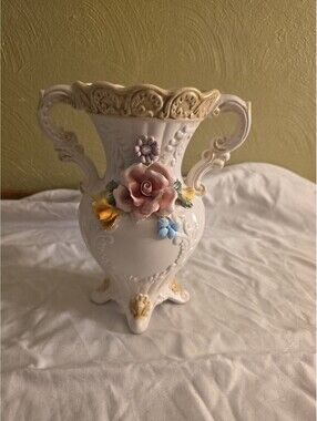 Vintage Capodimonte Double Handled Vase, Pink, Yellow, Blue Flower Made in Italy